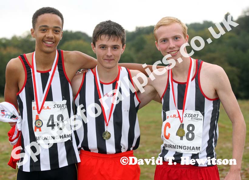 Shaftsbury Harriers, winners of the under-17 men, from left to right: Jamal Lewis, Jamie Dee and Robbie Lightowler,  ERRA Natioanl Athletes Road Relay. Photo: David T. Hewitson/Sports for All Pics
